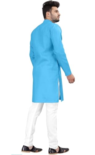 Image of Men's Sky Blue Kurta for Men Full Sleeve Mandarin Collar Ethnic Wear Traditional Casual Festive Kurta