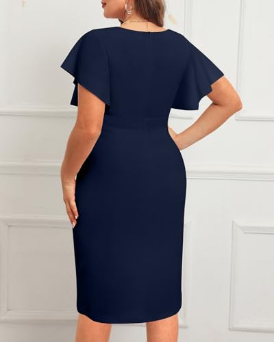 Image of Plus Size Cocktail Dress - Wedding Guest Women Bodycon Vintage Ruffle Church Pencil Dress