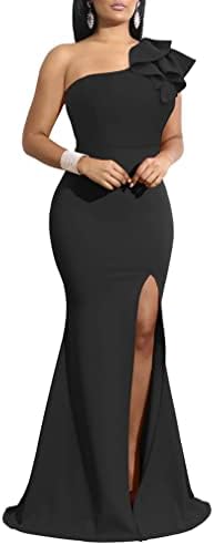 YMDUCH Women's Sexy Sleeveless One Shoulder Ruffle High Split Party Evening Long Formal Dress Black