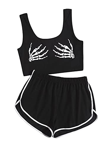 SweatyRocks Women's Casual Skeleton Skull Hand Tank Top and Track Shorts Set Black L