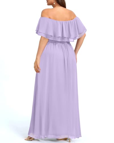 Image of Pinup Fashion Plus Size Formal Bridesmaid Wedding Guest Chiffon Long Dress | Chiffon, off-the-shoulder neckline, layered ruffles, ruched elastic waist, floor-length, evening party, wedding guest