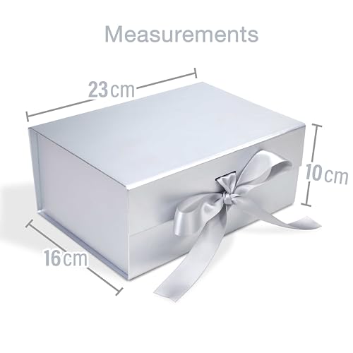 Image of RBS - Queen Victoria Luxury Matte Silver Foldable Gift Box 23 x 16 x 10 cm with Ribbon Decorative Empty Packaging Box for Gifting Multipurpose Storage Organizer Holds up to 5 Kg (Silver)