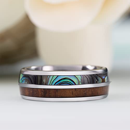 8Mm Tungsten Carbide Hawaiian Koa Wood Tree And Abalone Shell Inlay Mauka To Makai Comfort Fit Ring Engagement Wedding Band Dome Style Weighted High Polished With Gift Box (Koa Wood And Abalone Shell, 10) #TOP1