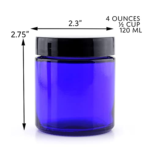 4-Ounce Cobalt Blue Glass Straight Sided Cosmetic Jars (12-Pack); 120 Ml. Capacity, Bpa-Free Lids #TOP5