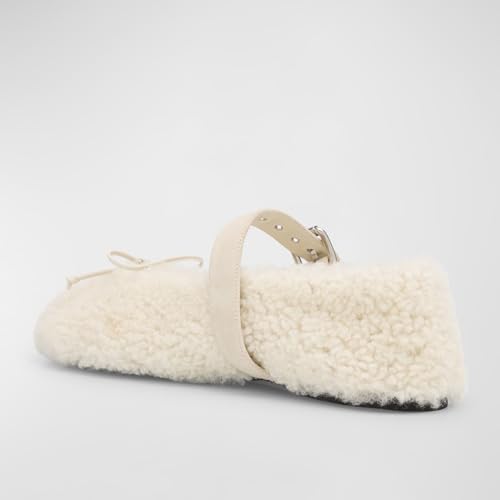 Women's Fur Ballet Flats with Bows Adjustable Strap Round Toe Slip On Flat Shoes Casual Buckle Leather Ballerina Winter Flats Fashion Cream Fur Mary Jane3