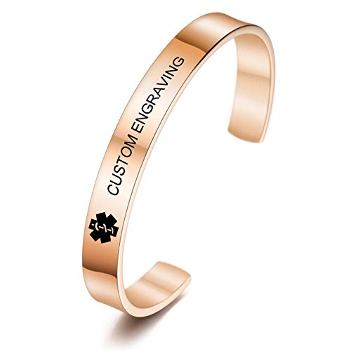 MOWOM Medical Custom Engraved Medical Emergency Alert Cuff Bangle Bracelet Name ID Identification for Women Girl Stainless Steel - (Small Sizes, Rose-Gold Color)