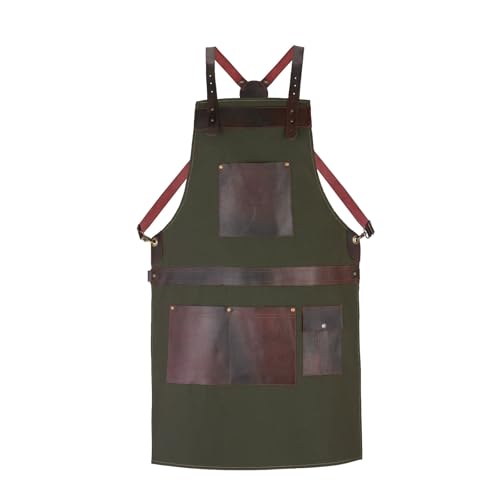 Tanner london Professional Canvas Apron, 100% Real Leather Pockets, Adjustable Crossbody Strap, Antique Brass Hardware, (Green)