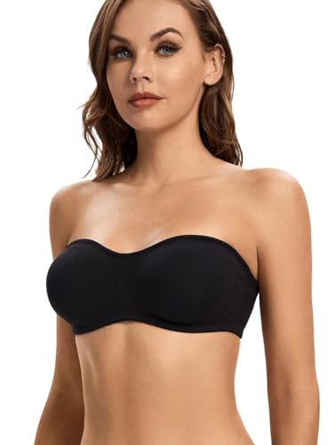 ANGOOL Strapless Bra for Women Padded Non-Slip Silicone Bandeau Bra Seamless Comfort Wirefree Tube Top Bralette, Black, M
