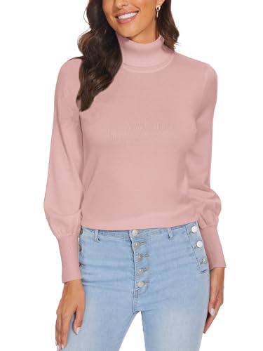 Image of Pink Turtleneck Sweaters for Women Long Sleeve Pullover Knit Tops 2XL