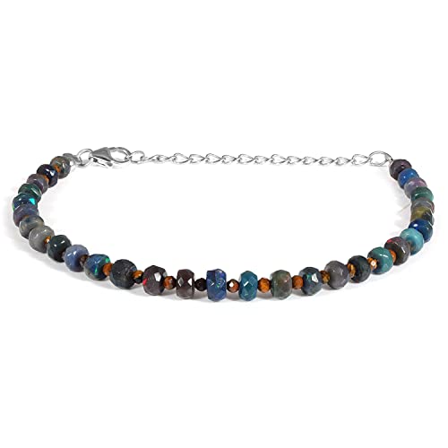 Vatslacreations Pulsera de cuentas de ópalo negro etíope natural y ojo de tigre Pulsera de ojo de tigre curativa, joyería de ópalo facetado, cuentas de ópalo welo multi fuego, plata de ley 925