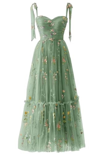 Sevintage Flower Embroidered Tulle Prom Dresses Spaghetti Straps Tea Length Formal Cocktail Party Gown