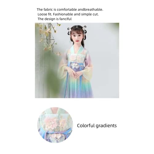 Girls Hanfu Chinese Wind Tang Dress Little Fairy Dress, Chinese Girls Dance Performance Clothing Blue Suitable For 3-14T (Gradient Color) #TOP3