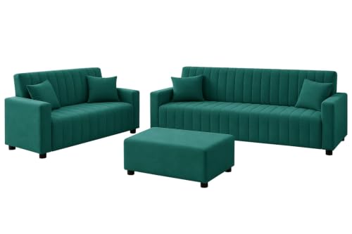 Image of Rosebell 3+2 Velet Fabric Sofa Set with Ottoman | 5-Seater Sofa | Living Room Furniture, Apartment & Office |Green-Color