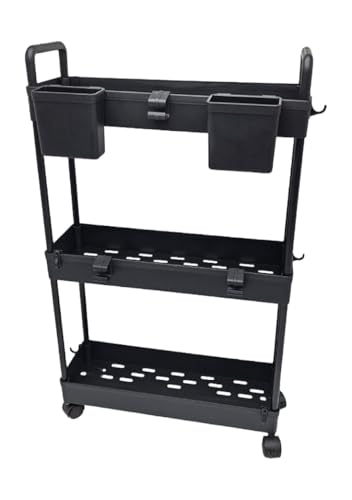 3-Tier Ultra Slim Plastic Trolley on Wheels | x9 Hooks & 2 Cups | Slide-Out Storage Shelves | Makeup Storage | Cleaning Trolley | Shelves Unit | Utility Cart | Cleaning Caddy | Rolling Cart (Black) - Image 3