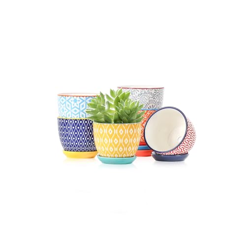 Selamica Ceramic Succulent Pots, 3.5 Inch Small Plant Pots for Indoor Plants Cactus Herbs, Succulent Planters with Drainage Holes & Saucers, Home Decor, Set of 6, Assorted Colors
