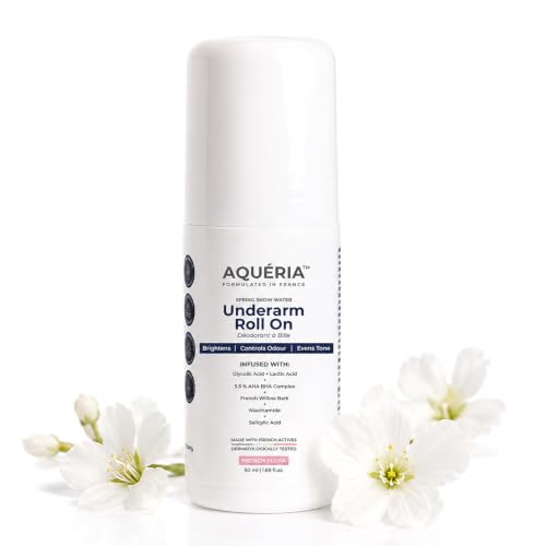 Aqueria 5.5% AHA BHA French Underarm Brightening Roll On | 48H Odour Control | Flora Fragrance with 2% Niacinamide | Multi Actives, Glycolic Acid, Lactic Acid | Prevents Odor, Kills Bacteria | Exfoliates, Reduces Pigmentation & Discoloration for Even-Toned Underarms | Brightens Skin & Exfoliates Underarm | Alcohol & Aluminium Free | Deodorant for Men & Women | 50ml