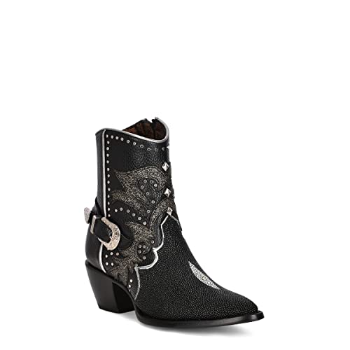 Cuadra Women's Bootie in Genuine Stingray Leather Black with Zipper and Studs