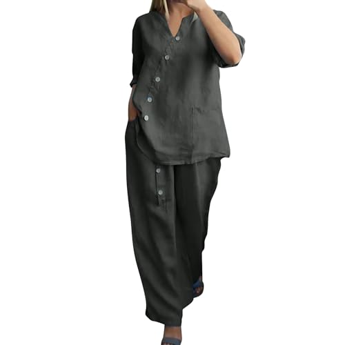 Plus Size Cotton Linen Outfits for Women 2 Piece Set Pants Suits V Neck Button 3/4 Sleeve Tops Wide Leg Pants Sets