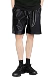GINGTTO Mens Casual Shorts 9' Drawstring Elastic Black Leather Flat Front Short Summer L