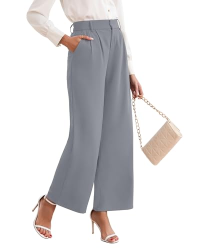 TASAMO Womens Half Elastic Waist Straight Leg Trousers Office Dress Pants Light Gray