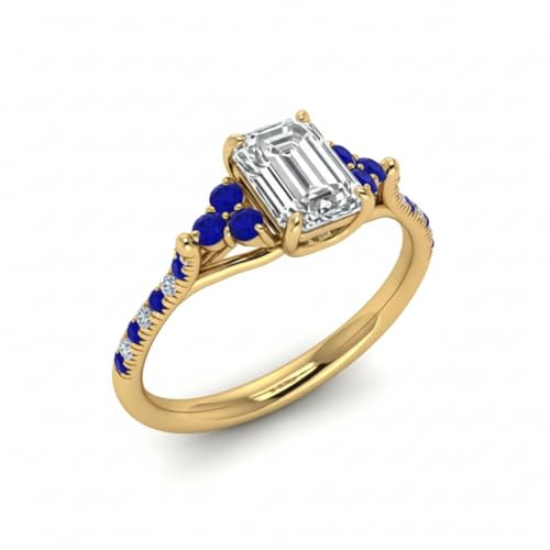 Image of Choose Your Gemstone Emerald Cut Petite Cathedral Diamond CZ Ring Yellow Gold Plated Emerald Shape Petite Engagement Rings for Women, Girls and Ladies US Size 4 to 12
