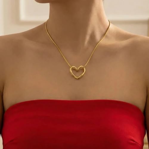 Image of 18K Gold Plated Heart Pendant Chain Necklace for Women & Girls | Anti Tarnish Stainless Steel Minimal Love Locket Stylish Everyday Wear Jewellery Valentine, Anniversary Birthday G
