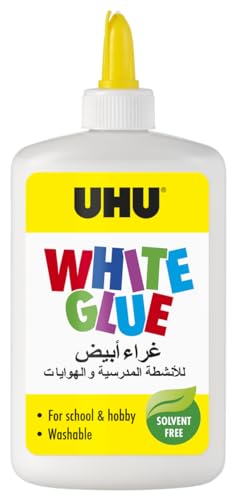 UHU صمغ ابيض 245 مل، صمغ للحرف اليدوية الخالي من المذيبات للمرح الابداعي. ورق لاصق وورق مقوى ولباد والمنسوجات والريش واللؤلؤ والخشب والمواد الطبيعية وما الى ذلك.