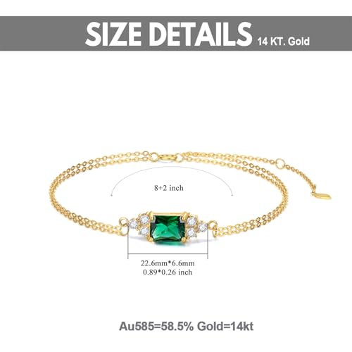 14K Real Gold Emerald Bracelet for Women, Yellow Gold Gemstone Bracelets, Square Cut Emerald Double Chain Birthstone Bracelets Jewelry Birthday Christmas Gifts, 6.5'' to 8.5''4