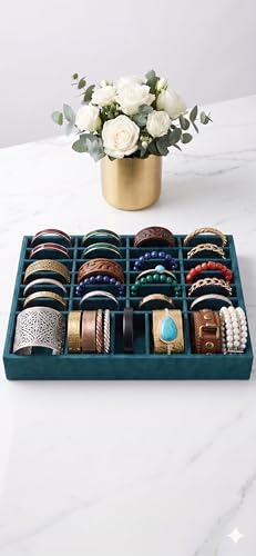 Image of Luxury Velvet Jewelry Organizer Tray for Watch Sunglasses Bangles Earrings Rings Chains Necklace & Others Storage Display Tray (Green, 40 Grid)