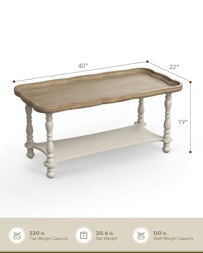 Vonluce FCSCSB2 French Country Farmhouse Coffee Table,40'' Farmhouse Rustic Unfinished Wood Tray Top Vintage Coffee Table For Living Room Dining Room Bedroom Beige thumb #1