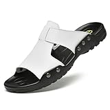 XOEKD Men's Fashion Leather Platform Outdoor Beach Slides Comfort Fish Mouth Open Toe Soft Bottom Summe Slip On Fisherman Walking Sandals Casual Non Slip Flat Business Dress Slipper (White,8.5)