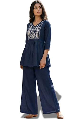Image of Women's Rayon Kurti Set with Palazzo Pants | Embroidered V-Neck A-Line Short Kurti with 3 /4 Sleeves | Casual Ethnic Co-Ord Set for Daily Wear, Office & Festive