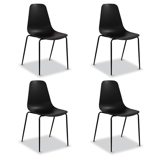 Image of Poly & BARK Isla Stackable Dining Chairs Set of 4 - Mid Century Modern Plastic Dining Chair with Metal Legs - Kitchen & Dining Room Chairs - Dining Table Chairs Set - Indoor /Outdoor - Ebony Black