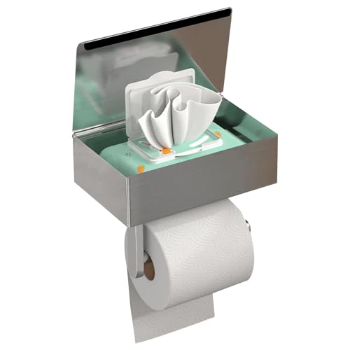 GUIGUZI Toilettenpapierhalter Ohne Bohren, Edelstahl Silber Toilettenpapierhalter Mit Feuchttücherbox, Klopapierhalter mit Ablage, Großformat WC Papier Halterung für Küche und Badzimmer