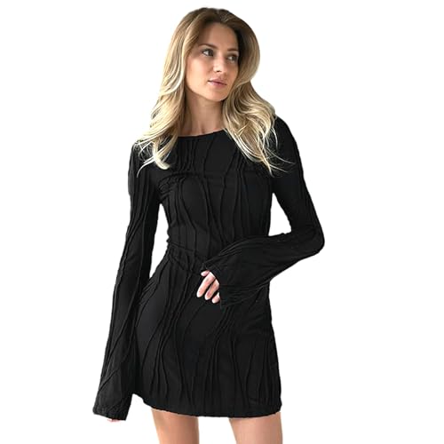 AOWVUTS Damen Langarm Kleid Bodycon Mini Kleid Strukturiertes Rundhalsausschnitt Elegant Bleistiftkleid Sexy Mini Wickelkleid Kurze Eng Kleider Club...