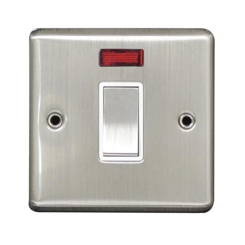 Image of Brushed Stainless Steel 20A Double Pole Switch with Neon Indicator | 1 Gang Power Isolator | Heavy Duty Appliance Control | Screwed Faceplate Wall Switch for Home & Commercial Use (1)