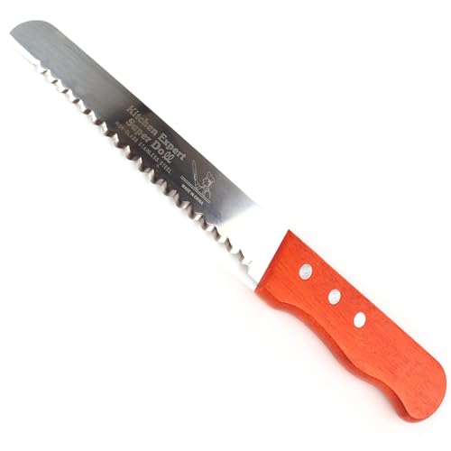 Qtuie Couteau à pain avec manche en bois d'olivier, lame de scie de 20 cm, manche en bois