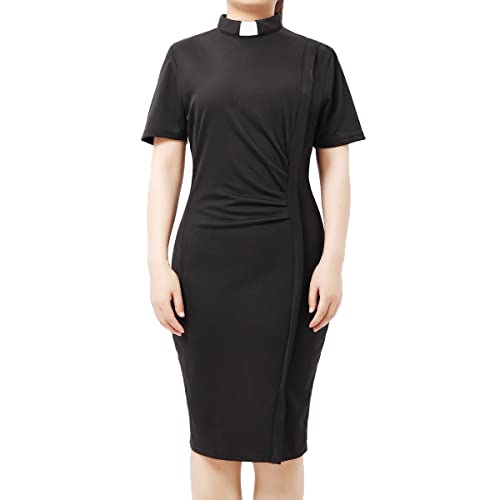 BLESSUME Black Church Female Clergy Priest Tab Collar Dress Short Sleeve Mass Liturgical Pencil Dress2