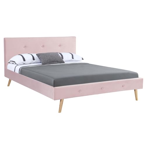 IDMarket - Lit Double scandinave Oslo avec tête de lit et sommier 140 x 190 cm Tissu Rose Clair Effet Velours