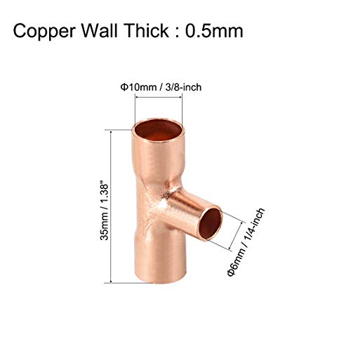 Uxcell 3/8-Inch X 1/4-Inch X 3/8-Inch Copper Reducing Tee Copper Pressure Pipe Fitting Conector For Plumbing Supply And Refrigeration 2Pcs #TOP1