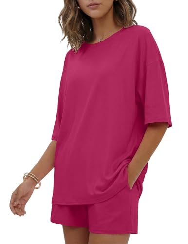 Image of Ekouaer Women's Two Piece Lounge Set Oversized Boxy T-shirt Casual Short Sets Summer Travel Matching Set 2026 Fashion