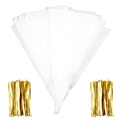 PINGEUI 300 Stück Cone Tüte Süßigkeitentüten, 25x13cm Cellophan Spitztüten Transparent geschenktüten mit 300 Bindebänder, Cellophantüten Spitztüten für Süßigkeiten Schokolade Bonbons Cover