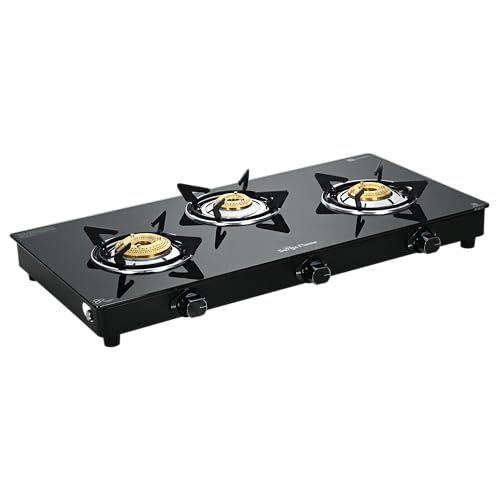 Image of Surya Flame Maestro 3-Burner Gas Stove, Toughened Glass Top, 1 Jumbo Burner + 2 Tri-Pin Brass Burners, Manual Ignition, Black