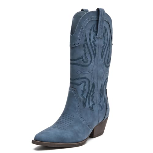 Image of Women's Cowboy Boots Mid Calf Pointed Toe Embroidered Chunky Block Heel | Western style mid-calf boots, breathable lining, all-day comfort,for jeans /dresses,concerts, daily wear, travel.