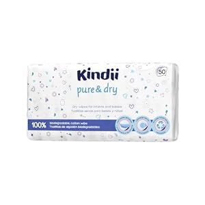 Kindii Toallitas secas para bebé Pure&Dry - (50 Piezas) Toalla facial desechable - Toallitas a granel, accesorios para bebé, multifuncional, 100% algodón - 50 Piezas