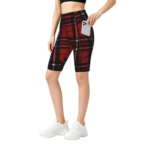 Legging d'entraînement court femme taille haute rouge et noir pour running