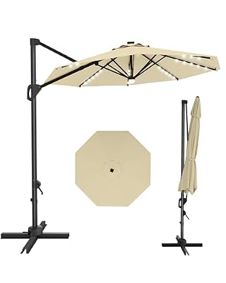 GarveeLife 10FT Patio Umbrella Outdoor Large Cantilever w/Base Included Market Sun Shade Windproof Offset with 360-Degree Rotation for Garden Deck Pool Patio, Beige