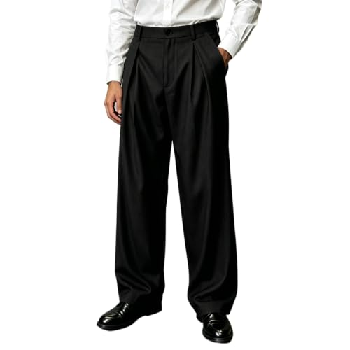 Percle Mens Baggy Dress Pants Pleated Elastic Waist Casual Slacks Black