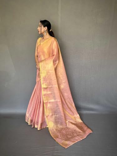 Image of SWORNOF Gold-Toned Woven Design Silk Zari Tissue Saree | Saree for Women | Soft and Skin Friendly