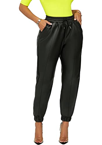 Tcremisa Women's Faux Leather Pants Drawstring Elastic High Waist Joggers Casual Loose Trousers with Pockets4